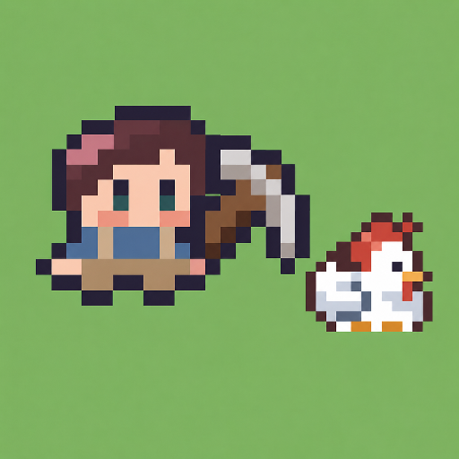 곡괭이를 든 Pocket Island 모험가와 닭